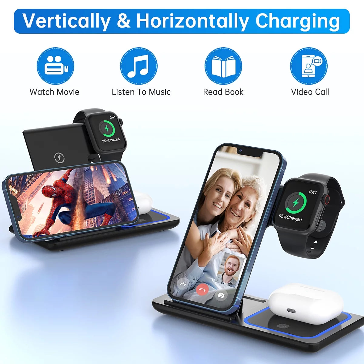 3-in-1 Wireless Charger, 18W Fast Charging Station for iPhone 15/14/13/12/11/Pro Max/12 Pro/XR, Charging Stand for iWatch Series SE 9/8/7/6/5/4/3, AirPods Pro/3/2 (Includes QC3.0 Adapter)