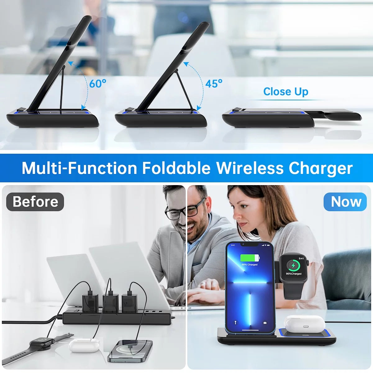 3-in-1 Wireless Charger, 18W Fast Charging Station for iPhone 15/14/13/12/11/Pro Max/12 Pro/XR, Charging Stand for iWatch Series SE 9/8/7/6/5/4/3, AirPods Pro/3/2 (Includes QC3.0 Adapter)