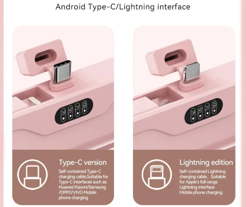 10,000mAh Mini Capsule Power Bank 2-in-1 with Built-in Cable, High-Capacity Fast Charging External Battery for iPhone and Type-C Devices