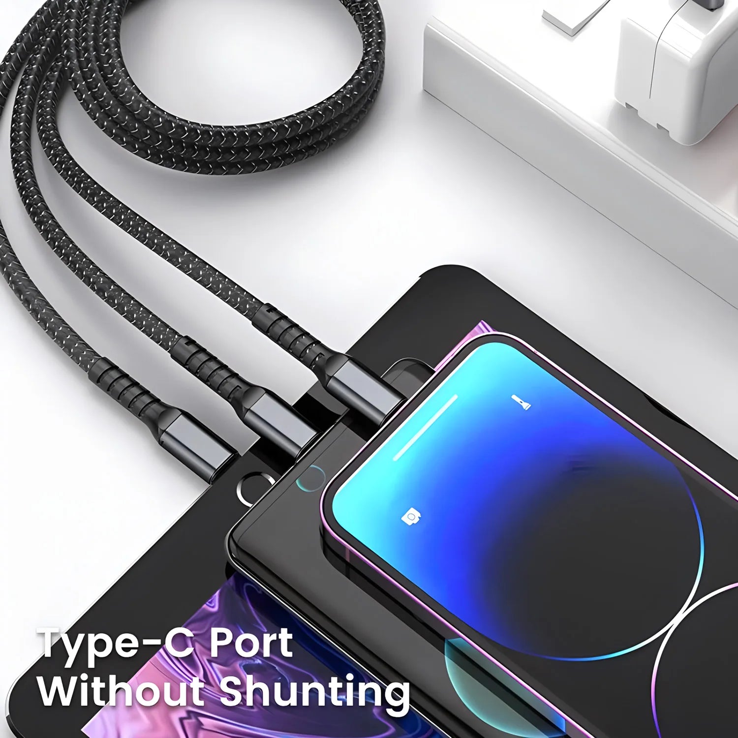 3-in-1 Fast Charging Cable, Compatible with Type-C, Micro and iPhone Lightning port 