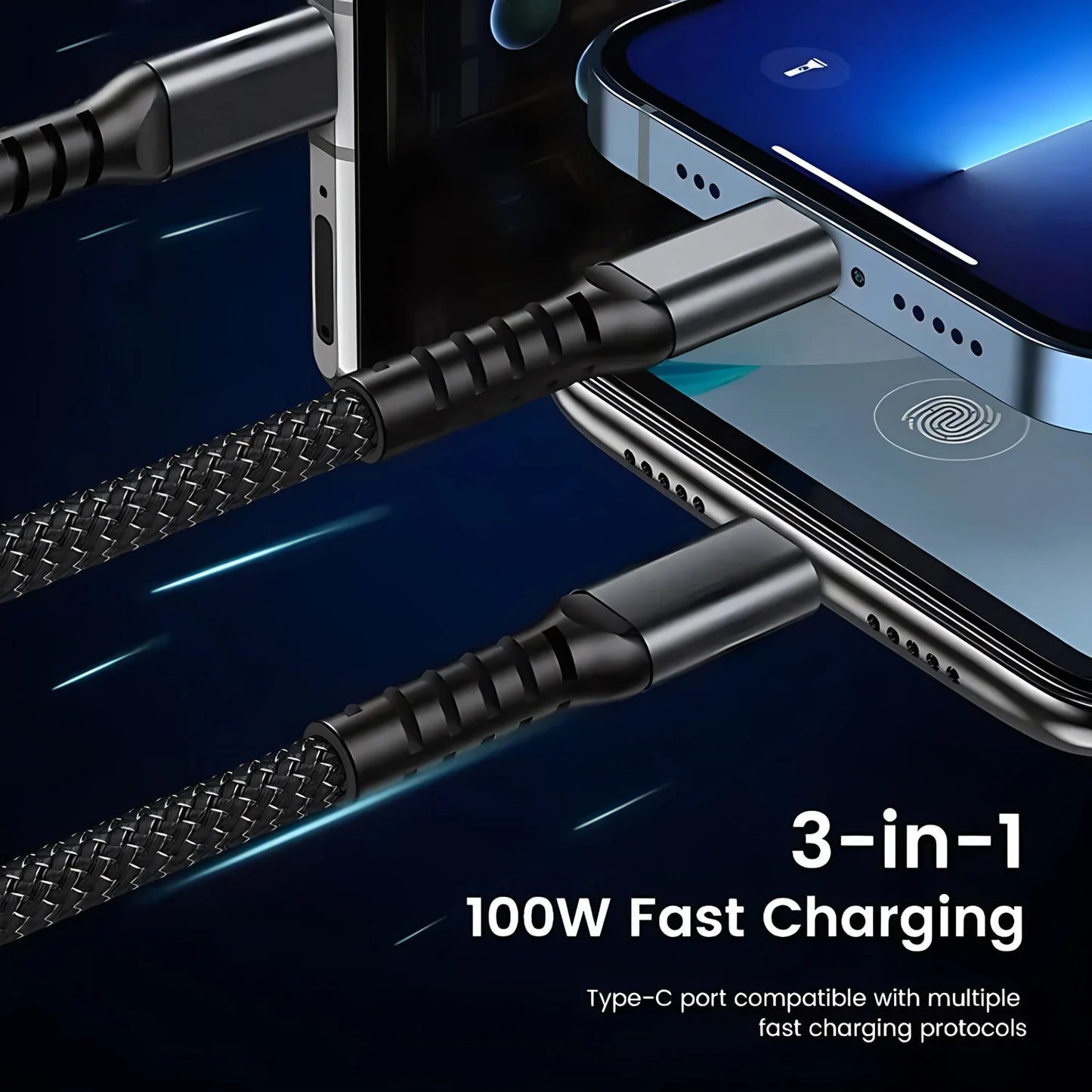 3-in-1 Fast Charging Cable, Compatible with Type-C, Micro and iPhone Lightning port 