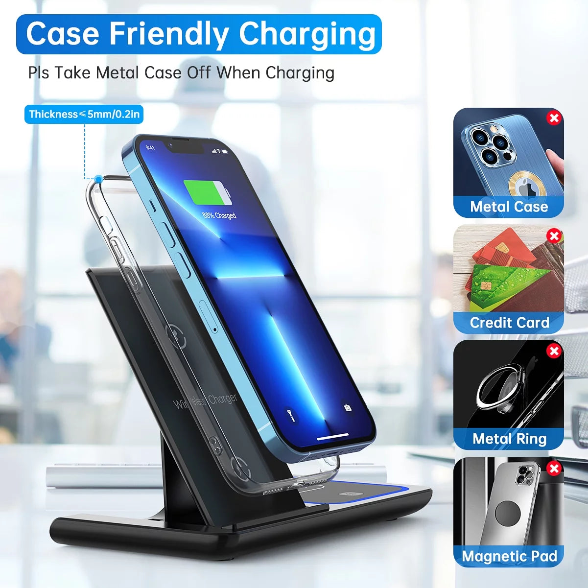 3-in-1 Wireless Charger, 18W Fast Charging Station for iPhone 15/14/13/12/11/Pro Max/12 Pro/XR, Charging Stand for iWatch Series SE 9/8/7/6/5/4/3, AirPods Pro/3/2 (Includes QC3.0 Adapter)