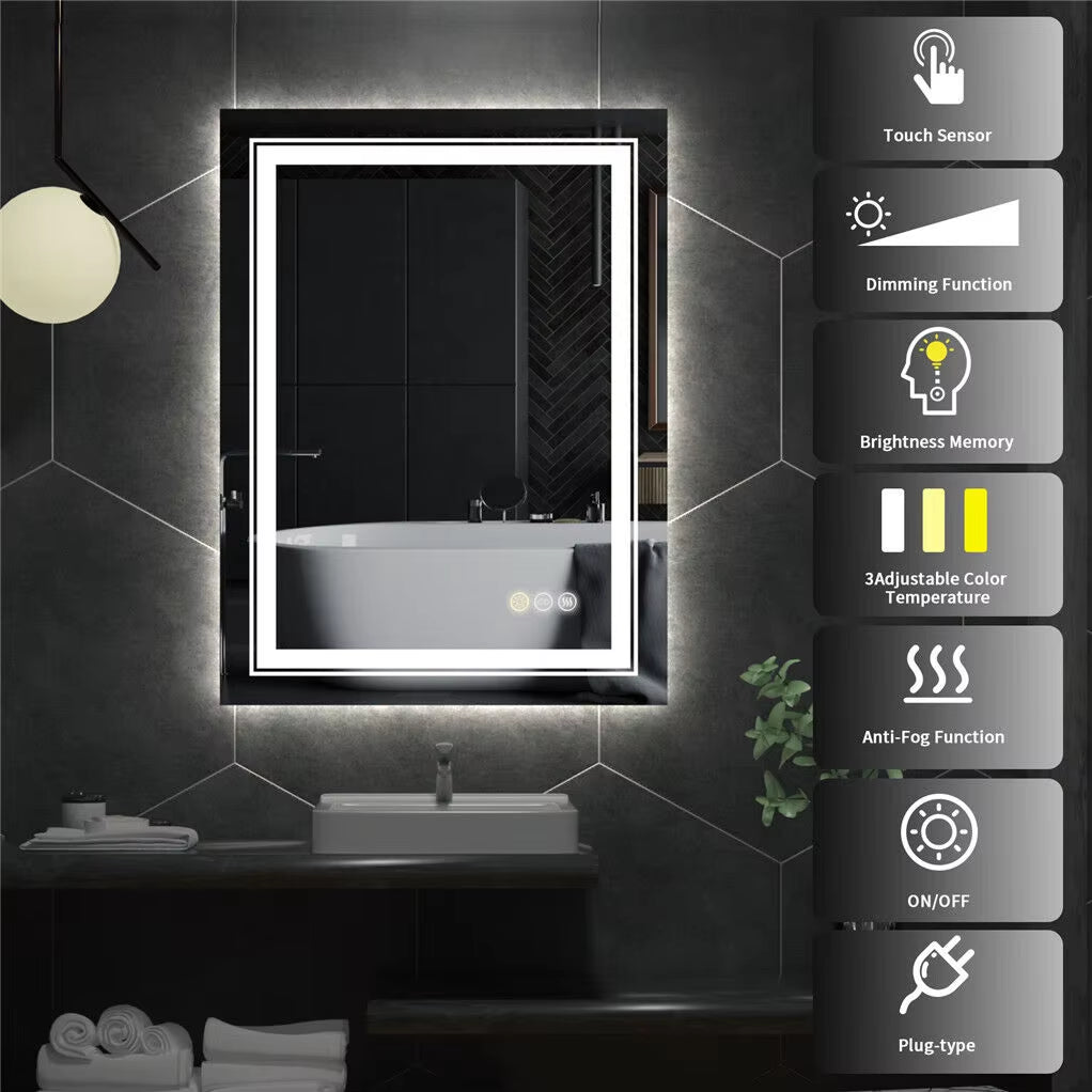 Touch-Control LED Bathroom Mirror, Anti-Fog and Waterproof