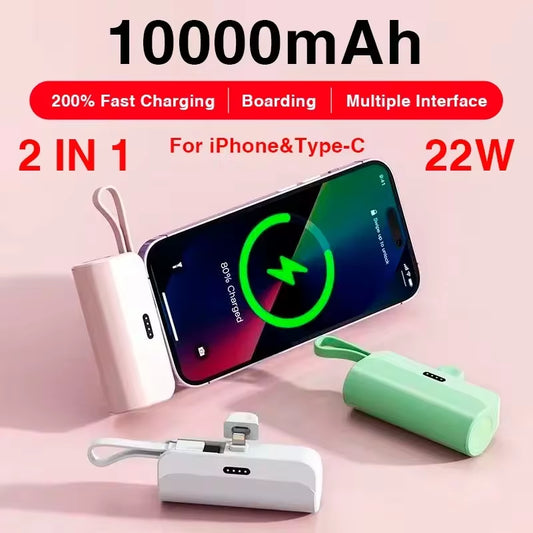 10,000mAh Mini Capsule Power Bank 2-in-1 with Built-in Cable, High-Capacity Fast Charging External Battery for iPhone and Type-C Devices