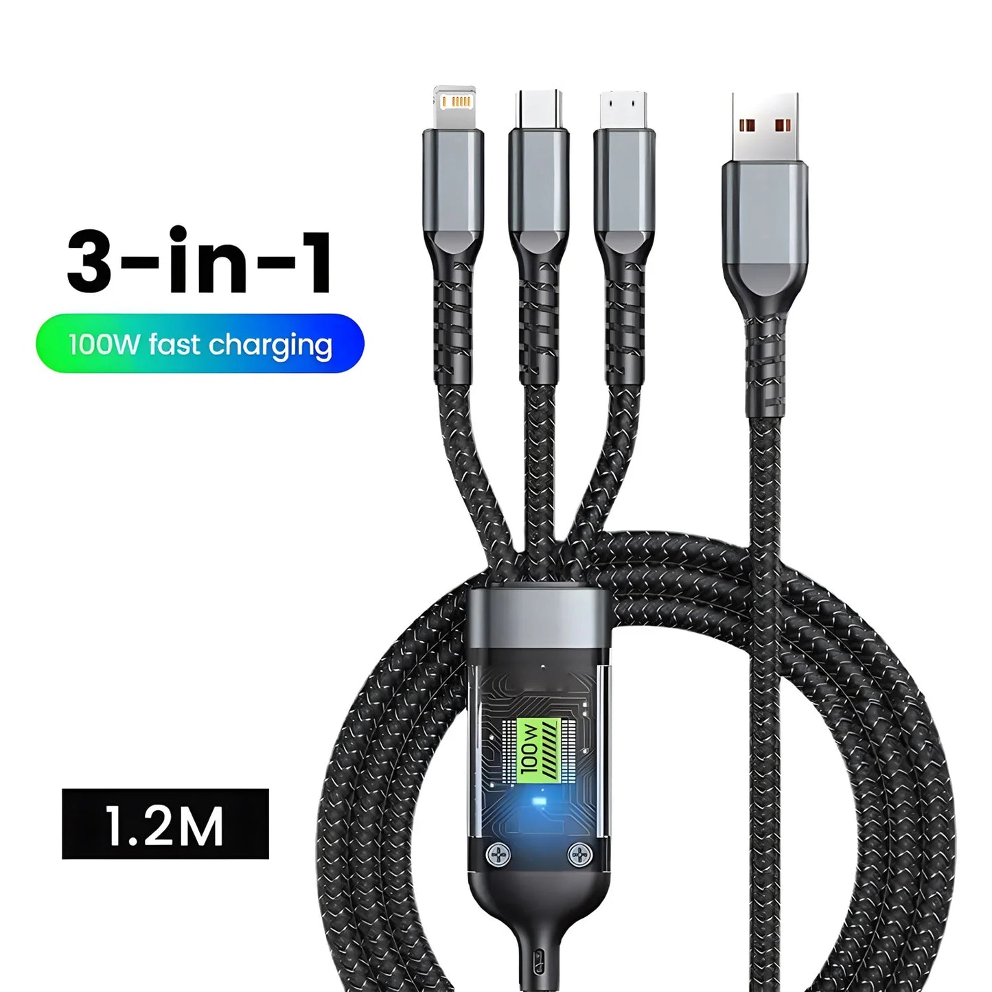 3-in-1 Fast Charging Cable, Compatible with Type-C, Micro and iPhone Lightning port 