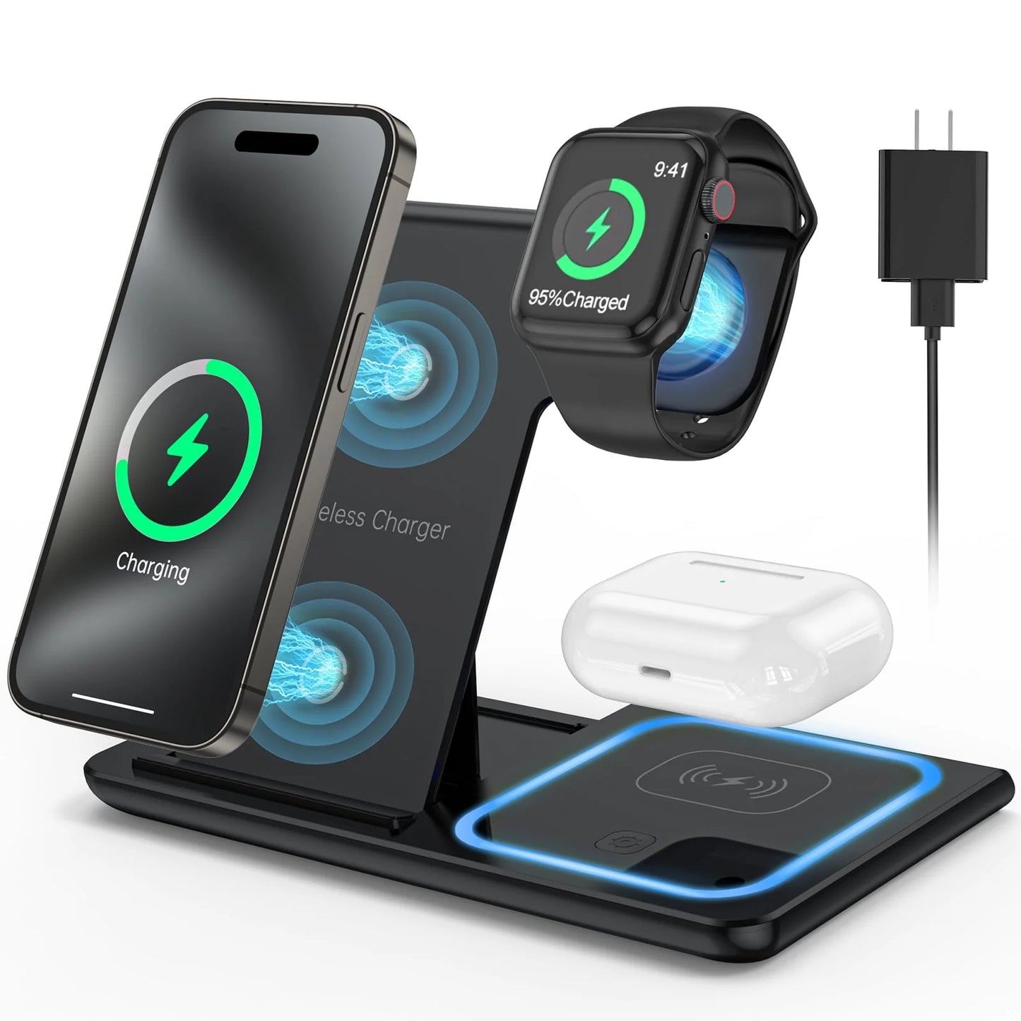 3-in-1 Wireless Charger, 18W Fast Charging Station for iPhone 15/14/13/12/11/Pro Max/12 Pro/XR, Charging Stand for iWatch Series SE 9/8/7/6/5/4/3, AirPods Pro/3/2 (Includes QC3.0 Adapter)