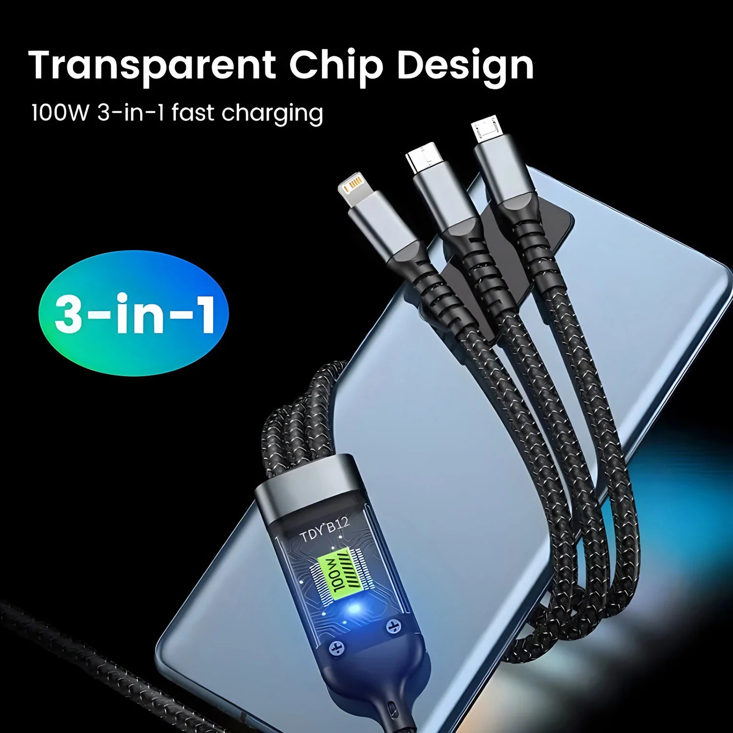 3-in-1 Fast Charging Cable, Compatible with Type-C, Micro and iPhone Lightning port 