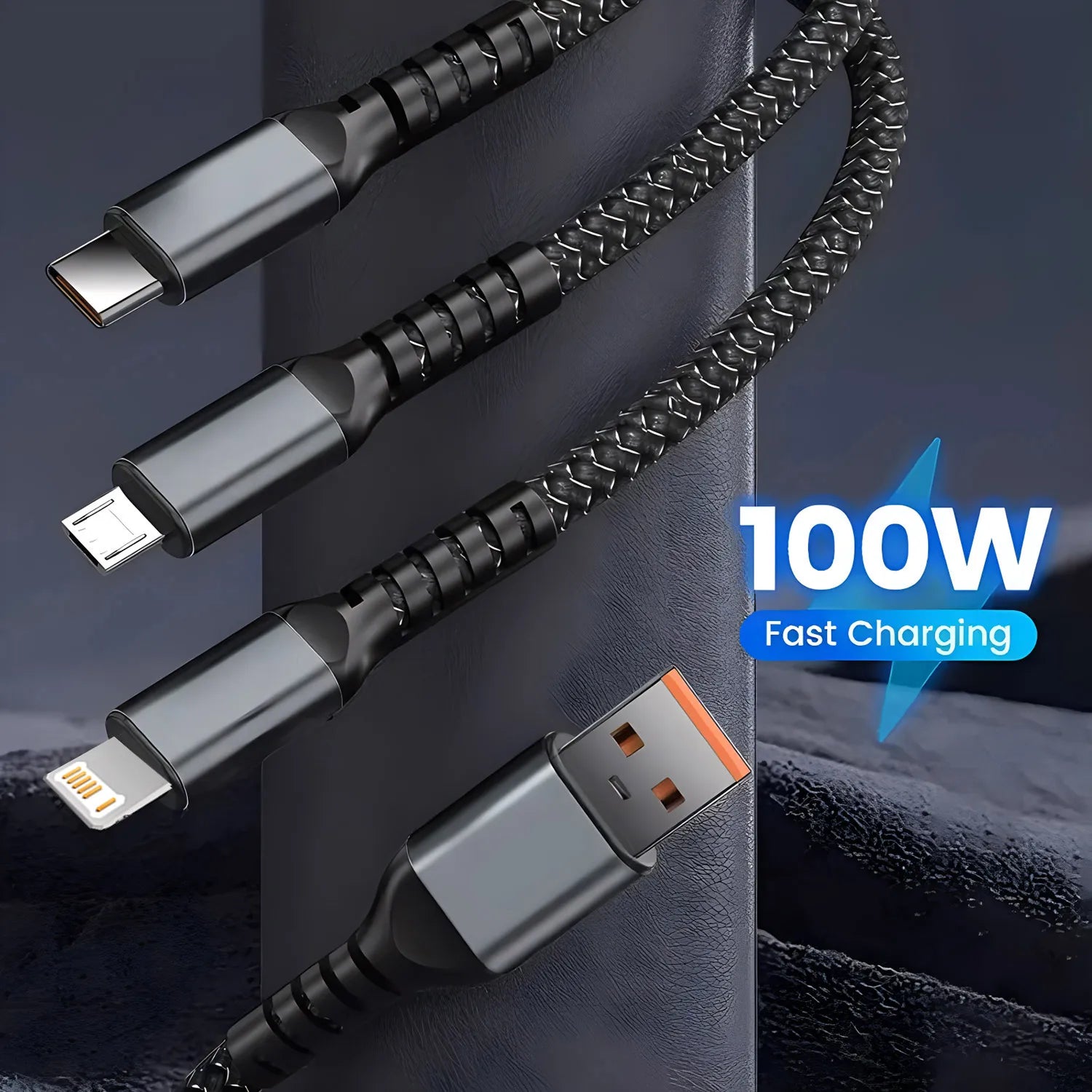 3-in-1 Fast Charging Cable, Compatible with Type-C, Micro and iPhone Lightning port 