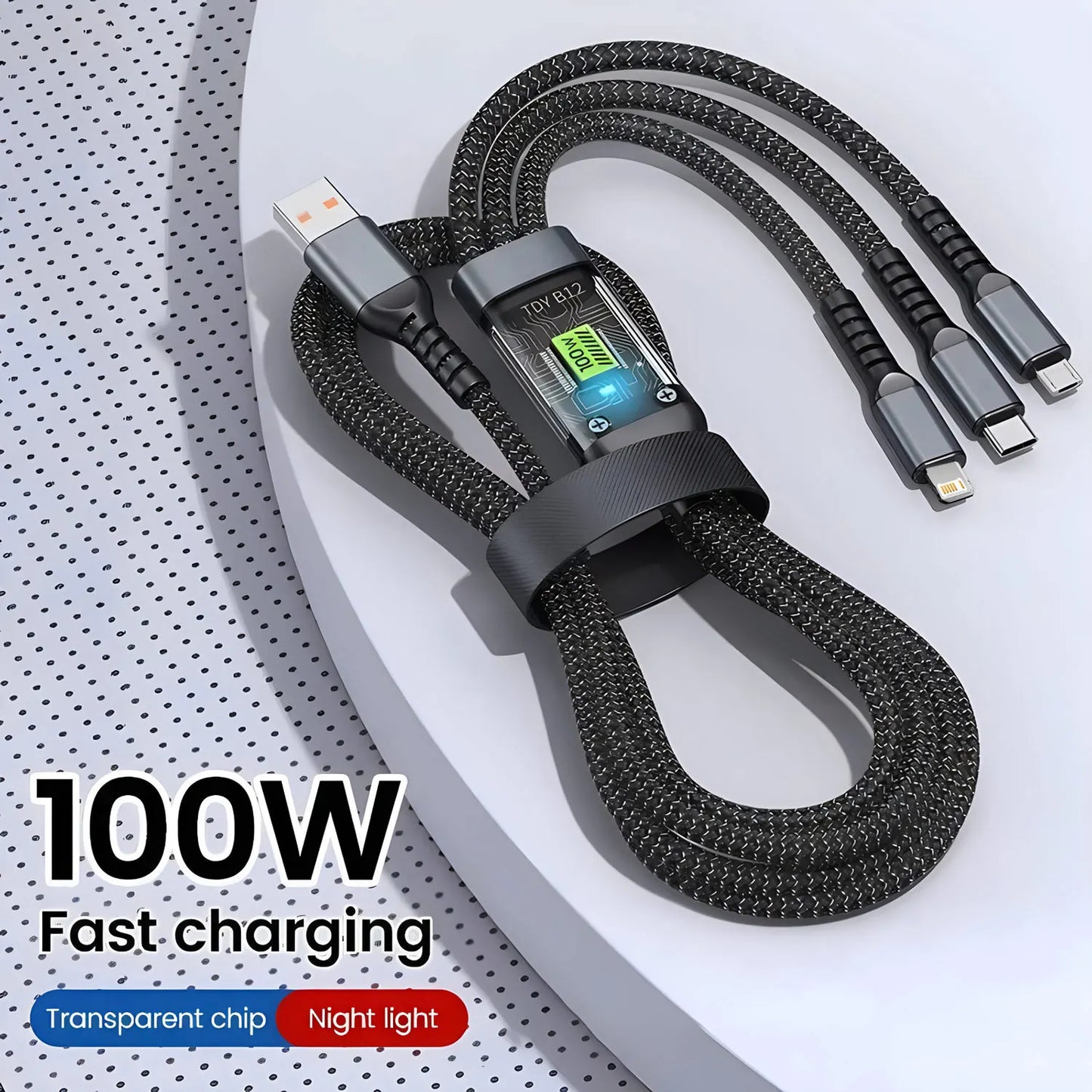 3-in-1 Fast Charging Cable, Compatible with Type-C, Micro and iPhone Lightning port 