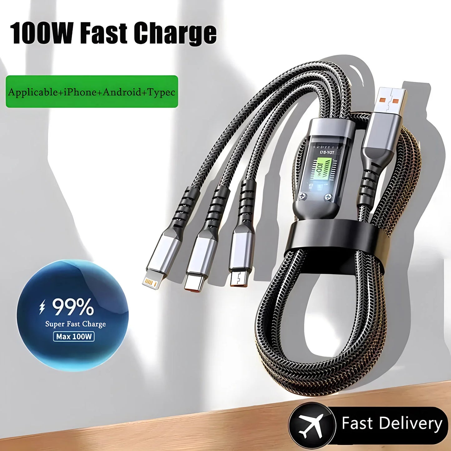 3-in-1 Fast Charging Cable, Compatible with Type-C, Micro and iPhone Lightning port 