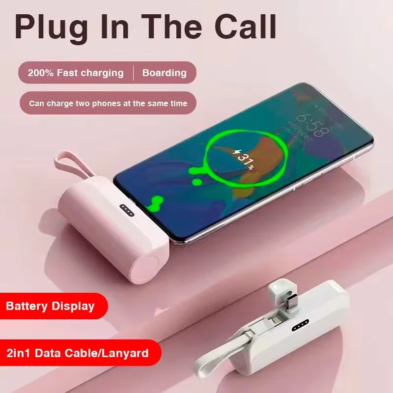 10,000mAh Mini Capsule Power Bank 2-in-1 with Built-in Cable, High-Capacity Fast Charging External Battery for iPhone and Type-C Devices