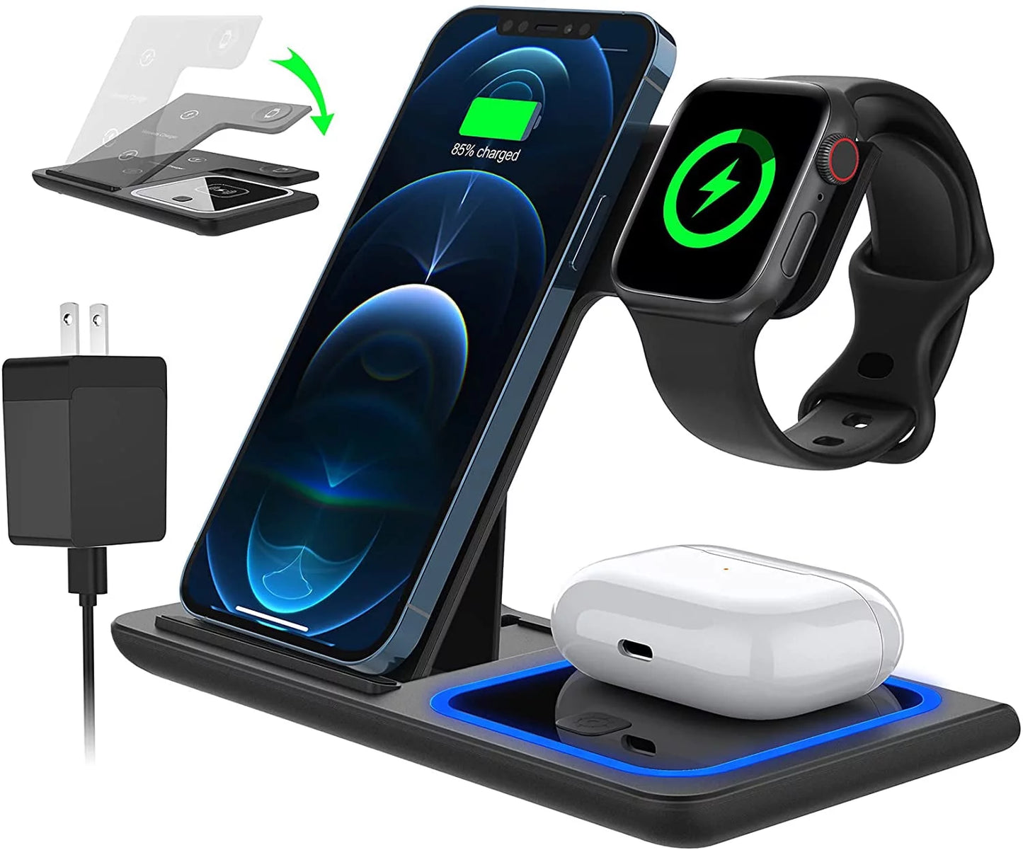 3-in-1 Wireless Charger, 18W Fast Charging Station for iPhone 15/14/13/12/11/Pro Max/12 Pro/XR, Charging Stand for iWatch Series SE 9/8/7/6/5/4/3, AirPods Pro/3/2 (Includes QC3.0 Adapter)