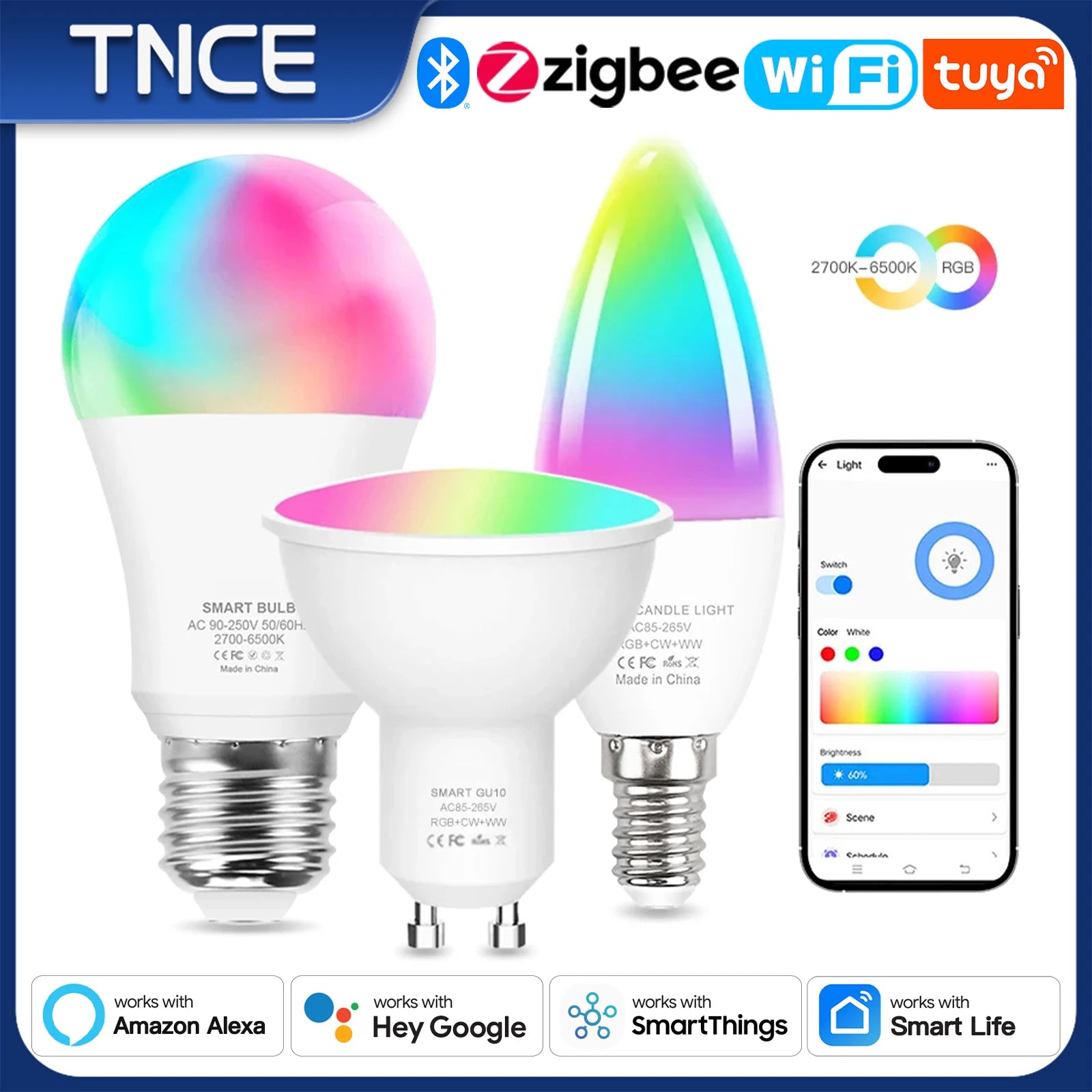 Smart Dimmable LED Light Bulb,  2700K-6500K RGB with Voice Control